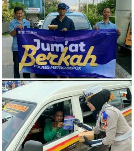 Polres Metro Depok Bagikan Makanan Di Hari Jumat Berkah.