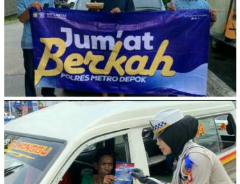 Polres Metro Depok Bagikan Makanan Di Hari Jumat Berkah.